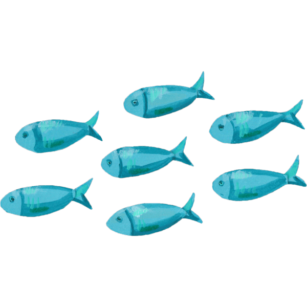 Sieben selbst gezeichnete blaue Fische