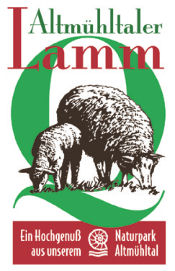 Das Logo des Qualitätssiegels "Altmühltaler Lamm" zeig ein gezeichnetes Schaf mit seinem Lamm beim Grasen.