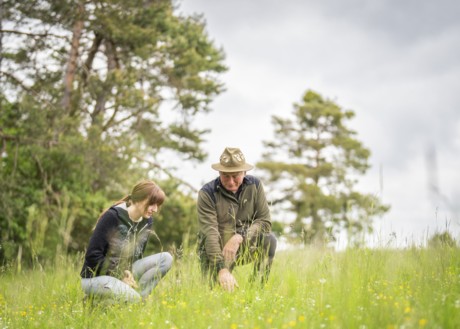 Ein junge Frau und ein Mann in bayerischer Wanderkleidung betrachten die Flora und Fauna auf dem Magerrasen bei Riedenburg.